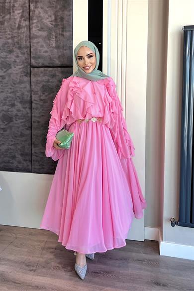 Fırfır Detaylı Üçlü Takım Pembe
