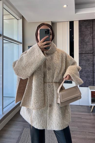 Atkılı Peluş Ceket Krem