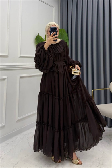 Fırfırlı Şifon Elbise Kahverengi 