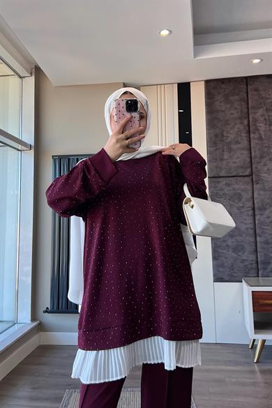 Altı Pileli Üzeri taşlı Takım Bordo 