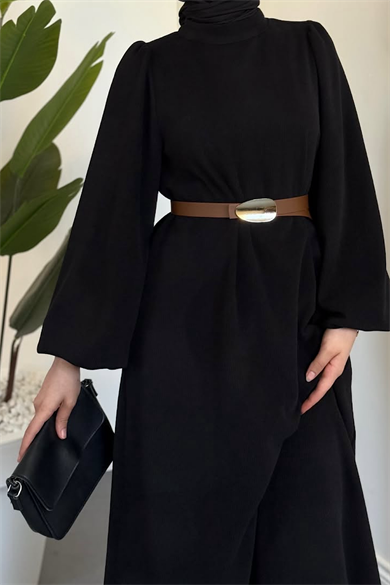 Kemerli Balon Kol Elbise Siyah
