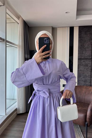 Bağlama Detaylı Poplin Elbise Lila 
