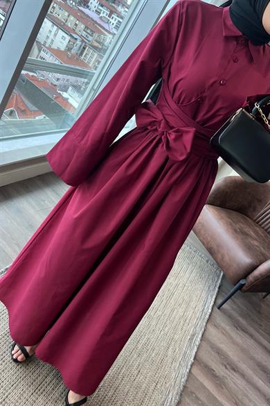 Bağlama Detaylı Poplin Elbise Bordo