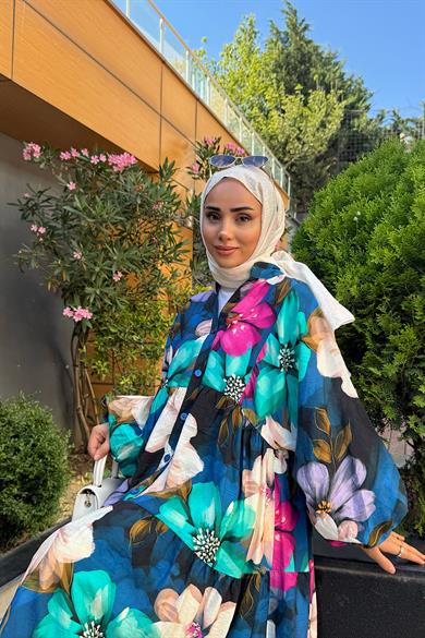 Çiçek Desenli Yarım Patlı Elbise