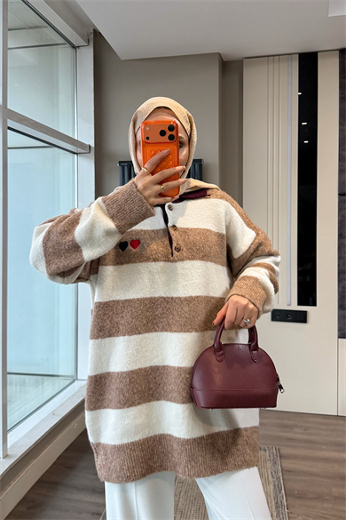 Polo Yaka Camel Beyaz Çizgili Yumoş Tunik