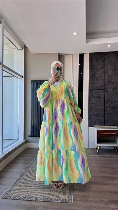 Yarım Patlı Desenli Elbise Sarı-Mor