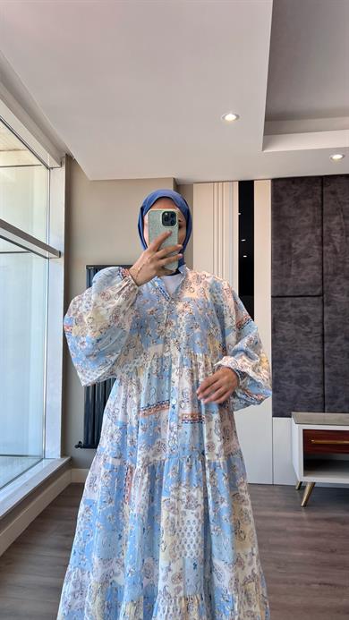 Yarım Patlı Desenli Elbise Mavi