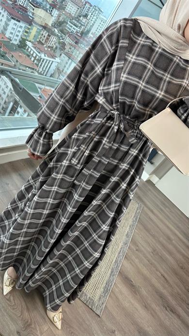 Ekose Desen Elbise Kahverengi