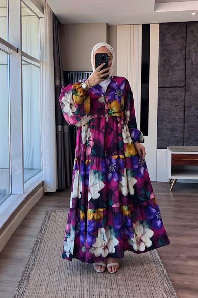 Çiçek Desenli Yarım Patlı Elbise Mor