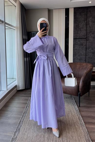 Bağlama Detaylı Poplin Elbise Lila 
