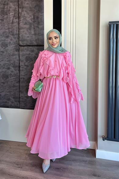 Fırfır Detaylı Üçlü Takım Pembe