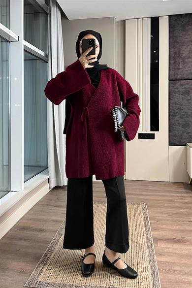 İçten Bağlama Detaylı Yumoş Hırka Bordo