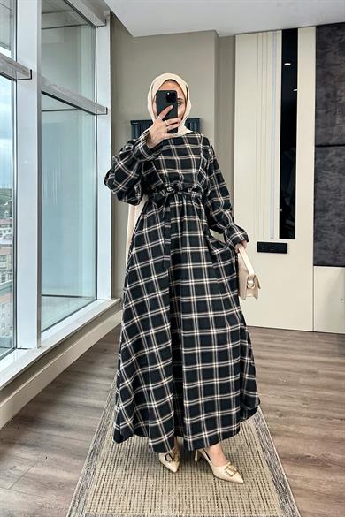 Ekose Desen Elbise Siyah