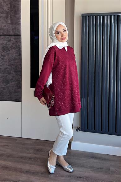 Modal Kumaş Taşlı Sweat Bordo