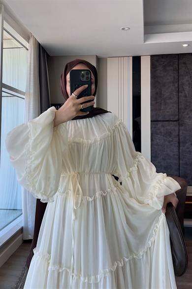 Fırfırlı Şifon Elbise Krem