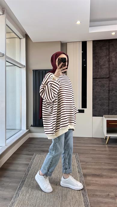 Çizgili Üç İplik Kumaş Sweat Bordo