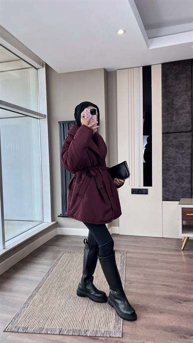 Düz Kuşaklı Şişme Mont Bordo