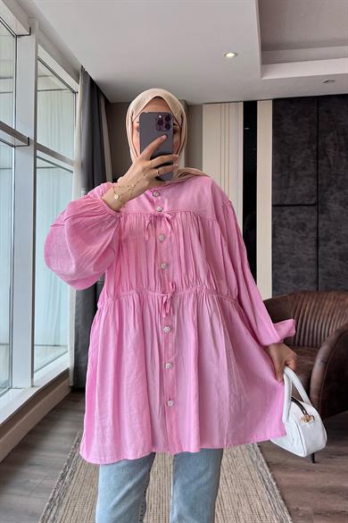 Bağlamalı Keten Gömlek Pembe