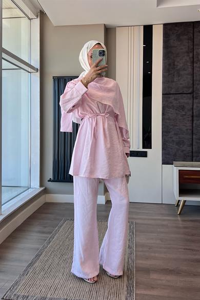 Omuz Şal Atkı Detay Takım Toz Pembe