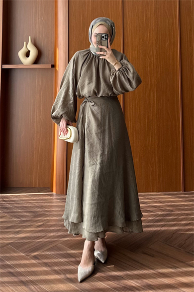 Balon kol Üçlü Etekli Takım HakiDubaiShowroomTAKIM23831