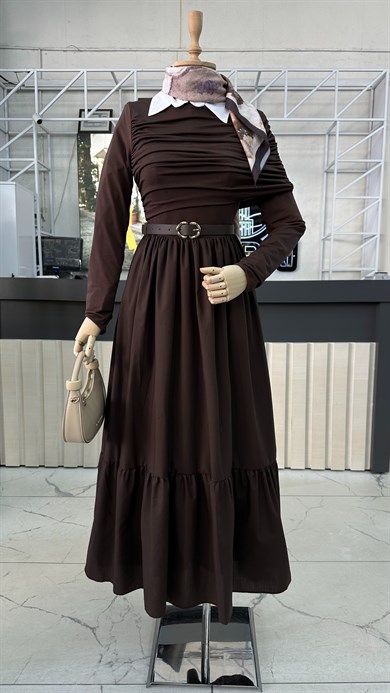 Büzgülü Sandy Poplin Elbise Kahverengi 