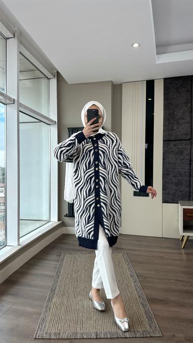 Zebra Desen Yumoş Hırka Lacivert 