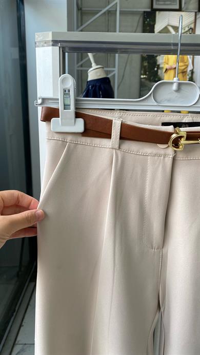 Kemerli Bol Paça Pantolon Bej
