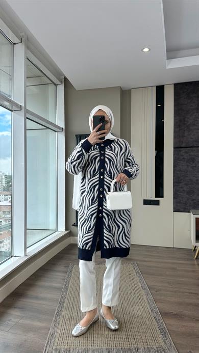 Zebra Desen Yumoş Hırka Lacivert 