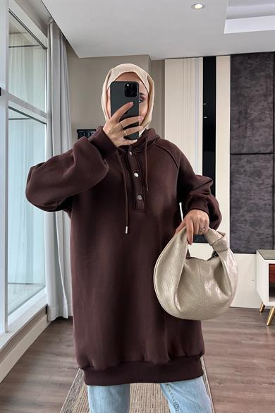 Yakası Çıtçıt Detaylı Sweat Kahverengi