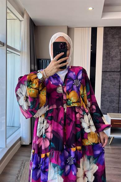 Çiçek Desenli Yarım Patlı Elbise Mor