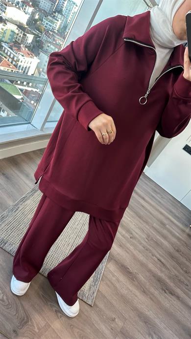 Yakası Fermuarlı Takım Bordo