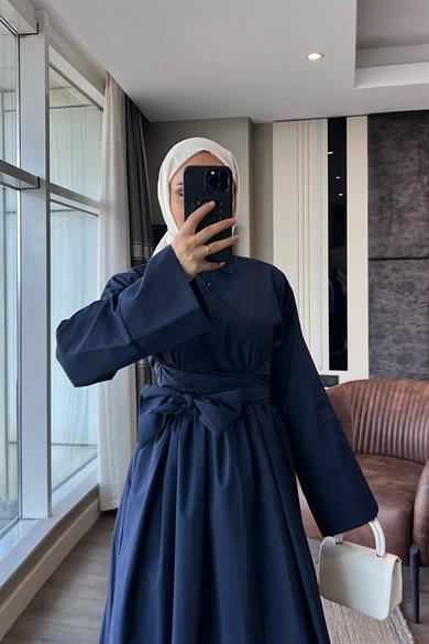 Bağlama Detaylı Poplin Elbise Lacivert 