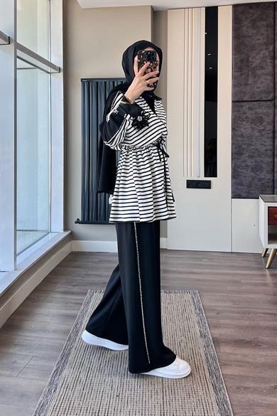 Çizgili Taşlı Modal Takım