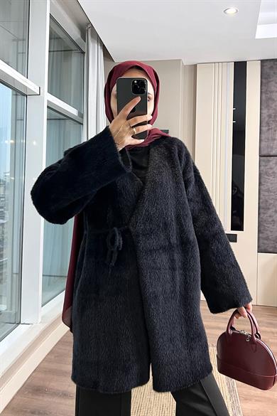 İçten Bağlama Detaylı Yumoş Hırka Siyah