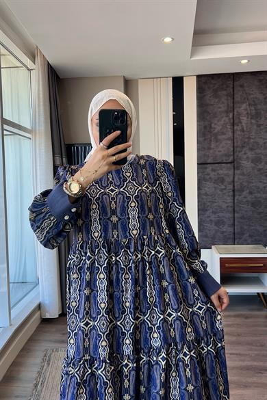 Manşet Detaylı Etnik Desen Elbise  Lacivert