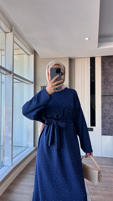 Taşlı Modal Elbise Lacivert