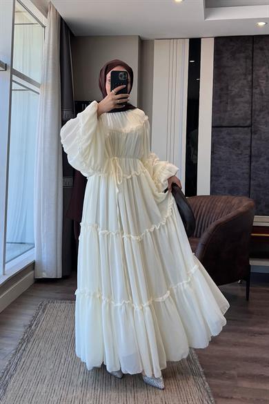 Fırfırlı Şifon Elbise Krem