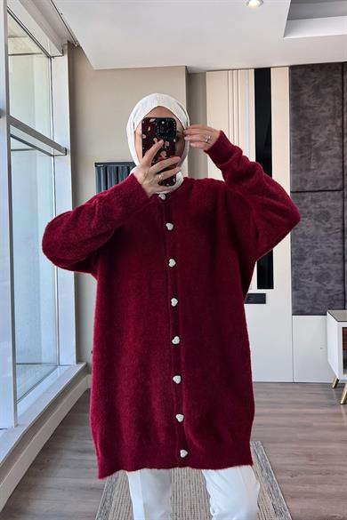 Kalp Düğmeli Yumoş Hırka Bordo