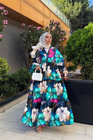 Çiçek Desenli Yarım Patlı Elbise