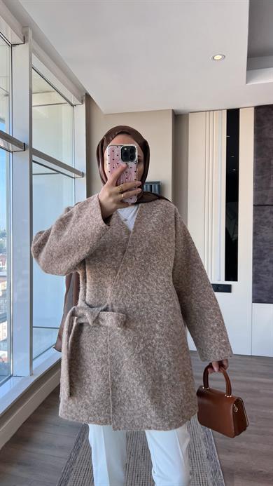 İçten Bağlamalı Buklet Hırka Vizon