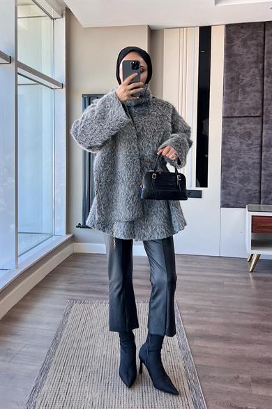 Atkılı Peluş Ceket Gri