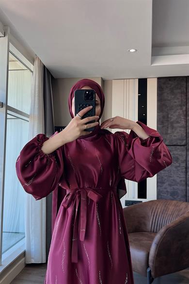 Üzeri Taş Detay Saten Elbise Bordo