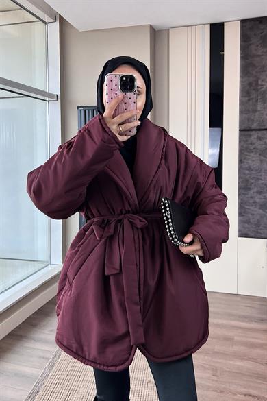 Düz Kuşaklı Şişme Mont BordoDubaiShowroomDIŞ GİYİM05912