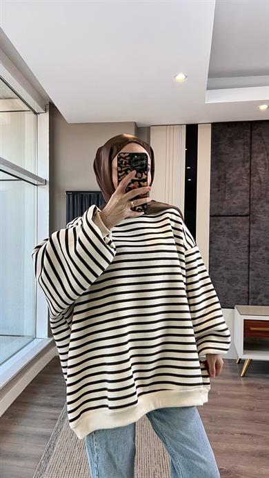 Çizgili Üç İplik Kumaş Sweat Kahverengi