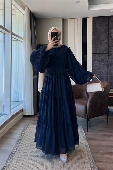 Fırfırlı Şifon Elbise Lacivert