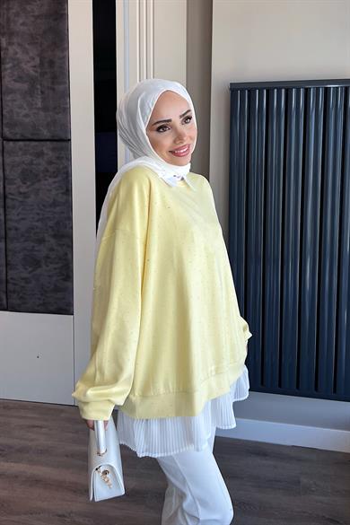 Kendinden Pileli Taşlı Sweat Sarı