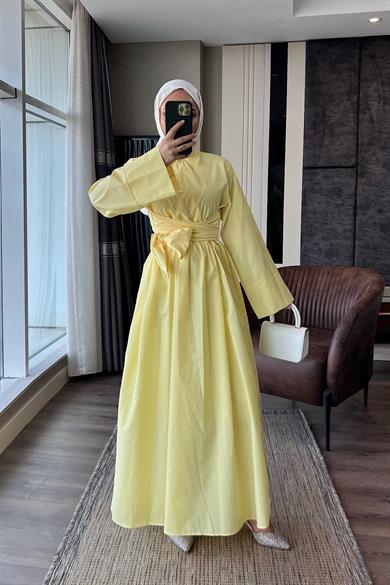 Bağlama Detaylı Poplin Elbise Sarı