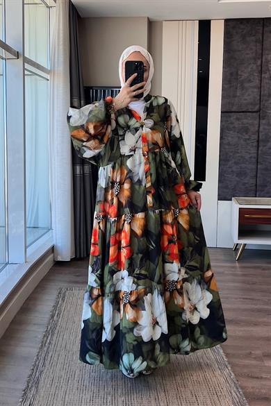 Çiçek Desenli Yarım Patlı Elbise Yeşil