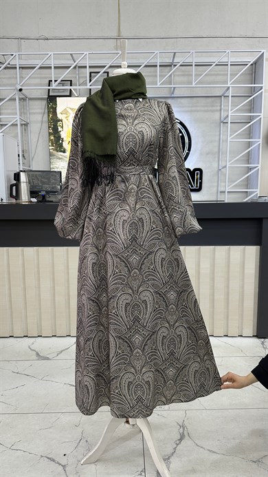 Şal Desen Saten Elbise Gri-Yeşil