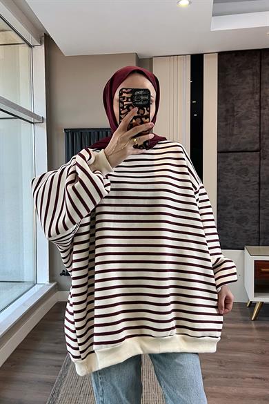 Çizgili Üç İplik Kumaş Sweat Bordo